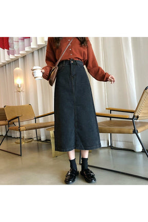 Retro Fashion Long Black Denim Skirt