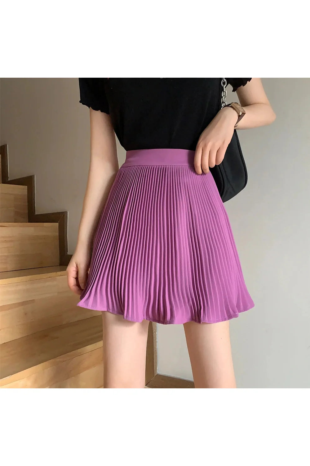 Purple Retro High-Waist Pleated Skirt with Charm.