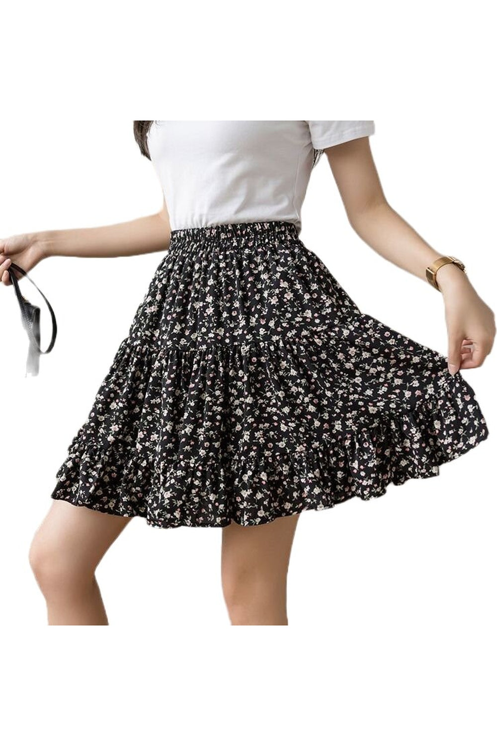 Retro Mini Ruffles Skirt in black, flirty design.