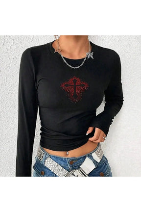 Rhinestone Gothic Long Sleeve Crop Top