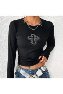 Black Rhinestone Gothic Crop Top with Long Sleeves.