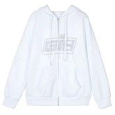 White Rhinestone Logo Zip-Up Hoodie with sparkle.