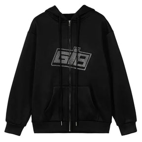 Stylish black hoodie with rhinestone logo.