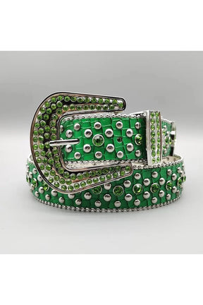 Green denim Y2K belt with rhinestone rivets.