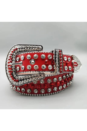 Red denim Y2K belt with rhinestone rivets.