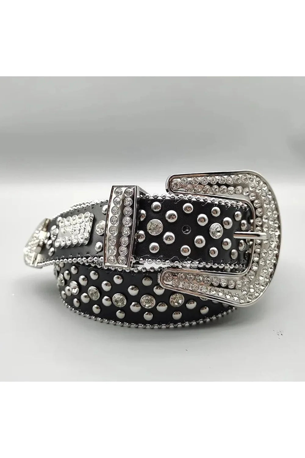 Black Rhinestone Rivet Denim Belt, Y2K Style.