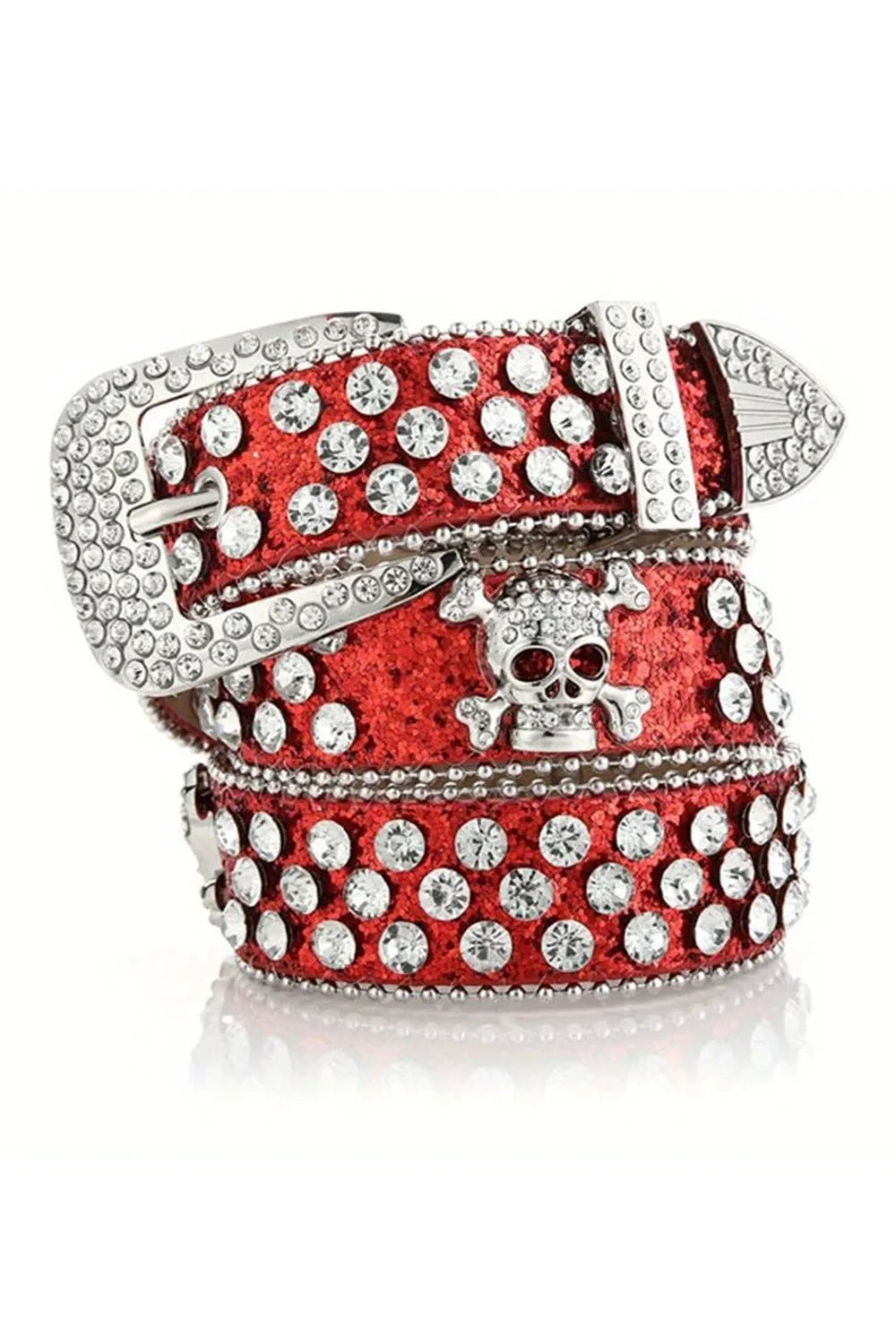 Red Fall Rhinestone Jeans Belt with Skull Rivet.