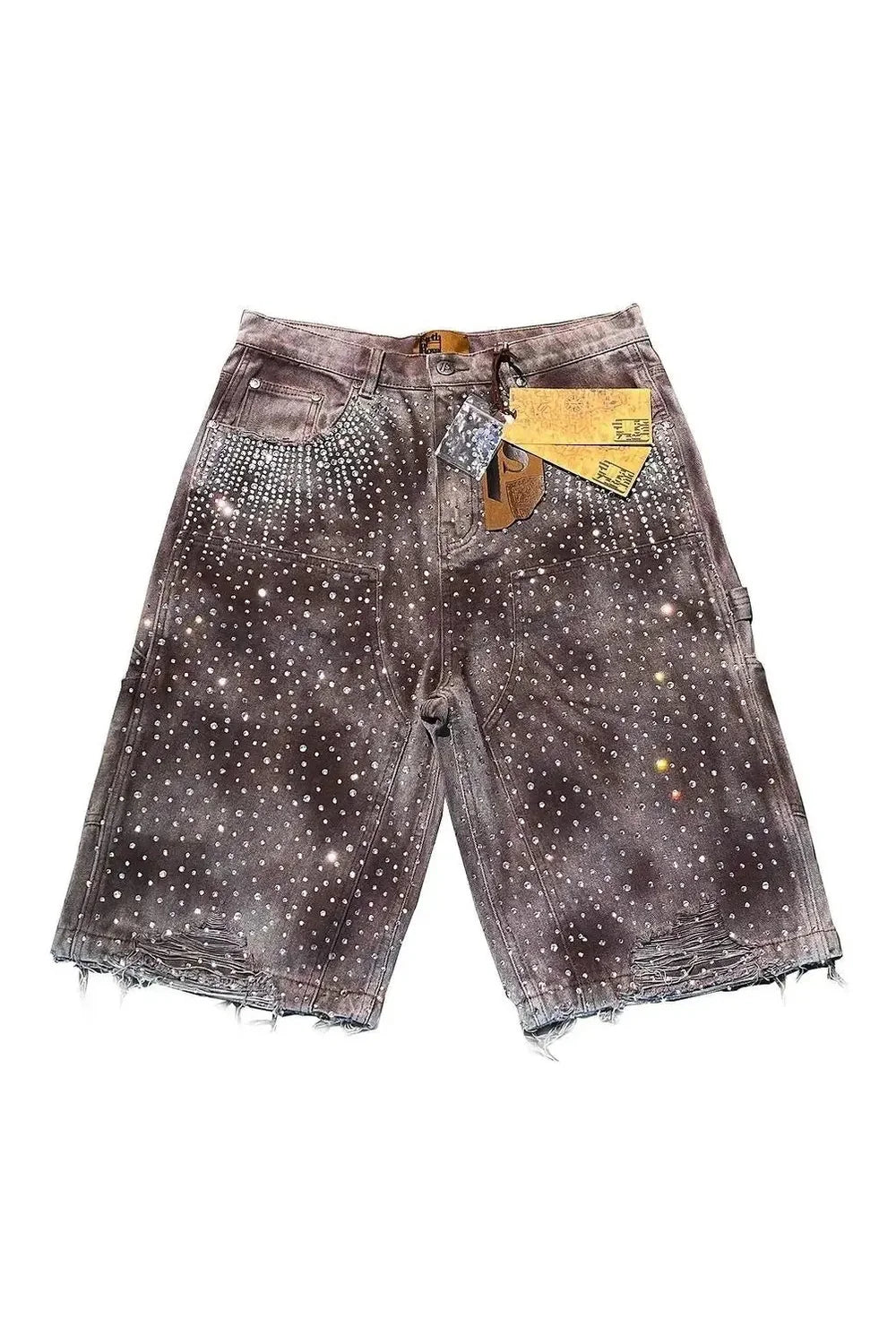 Rhinestone Studded Distressed Denim Shorts