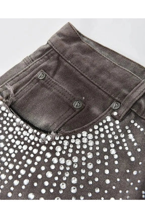 Rhinestone Studded Distressed Denim Shorts