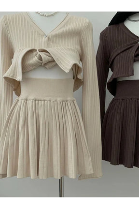 Brown Ribbed Cardigan and Pleated Skirt Set, stylish.