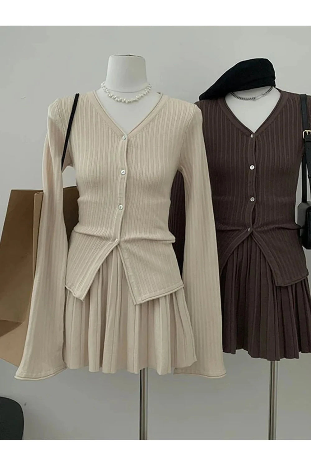 Ribbed Cardigan and Pleated Skirt Set