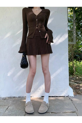 Ribbed Cardigan and Pleated Skirt Set