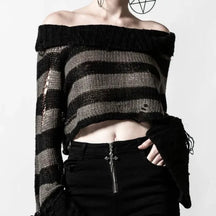 Stylish heihui Ripped Striped Off-Shoulder Sweater.