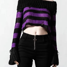 Off-shoulder heizi striped sweater with ripped style.