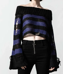 Stylish heilan off-shoulder sweater with ripped stripes.