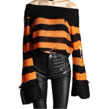 Off-shoulder sweater with ripped stripes in heicheng.