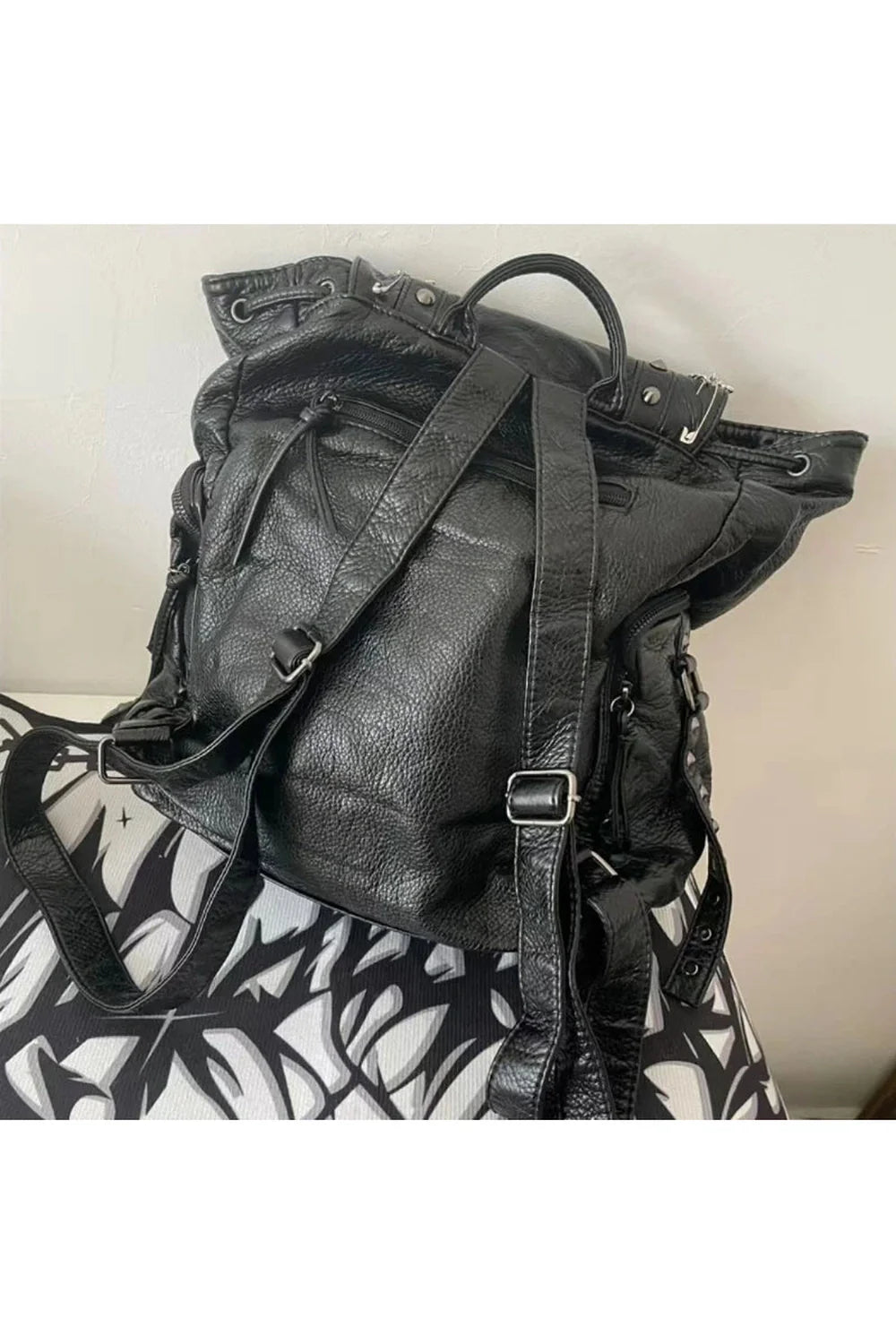 Stylish Black Rivet Chain Leather Backpack. Trendy.