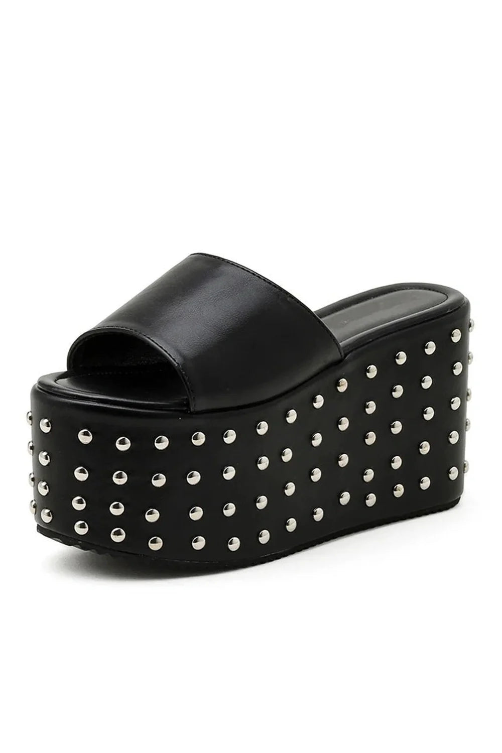 Black Rivet Walking Platform Sandals with rivet detailing.