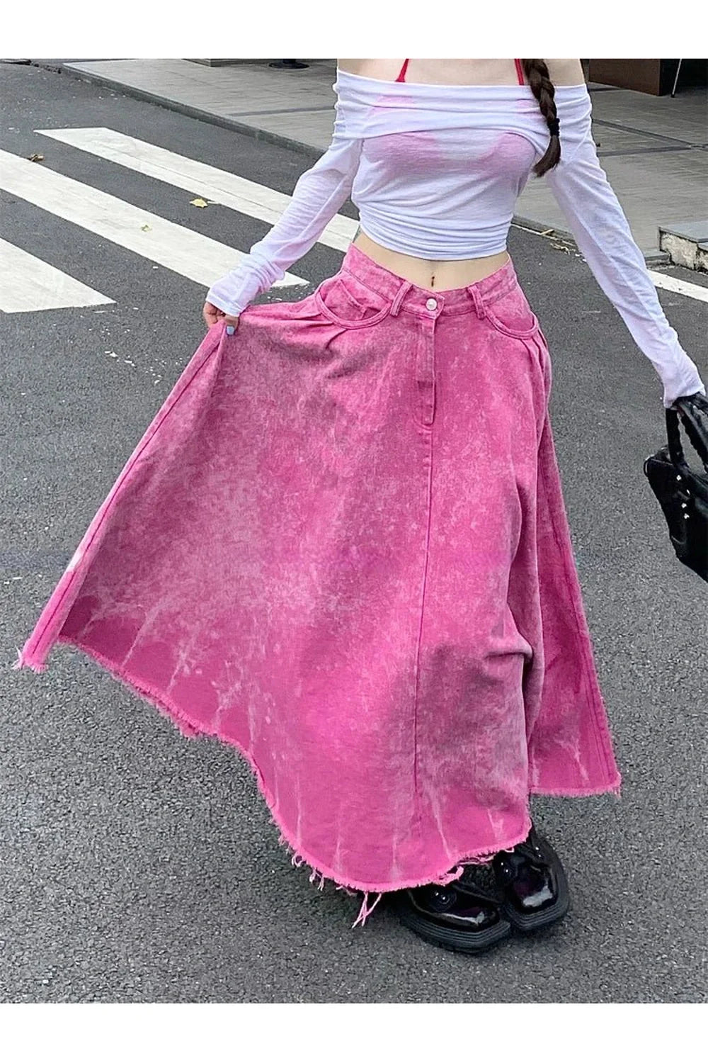 Stylish Rose Red Distressed Skirt with A-Line Fit.