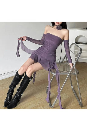 Purple Ruched Off-Shoulder Fairy Dress with elegance.