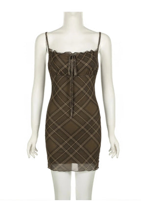 Brown Ruched Plaid Bodycon Slip Dress with elegance.