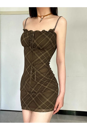 Brown Ruched Plaid Bodycon Slip Dress with elegance.