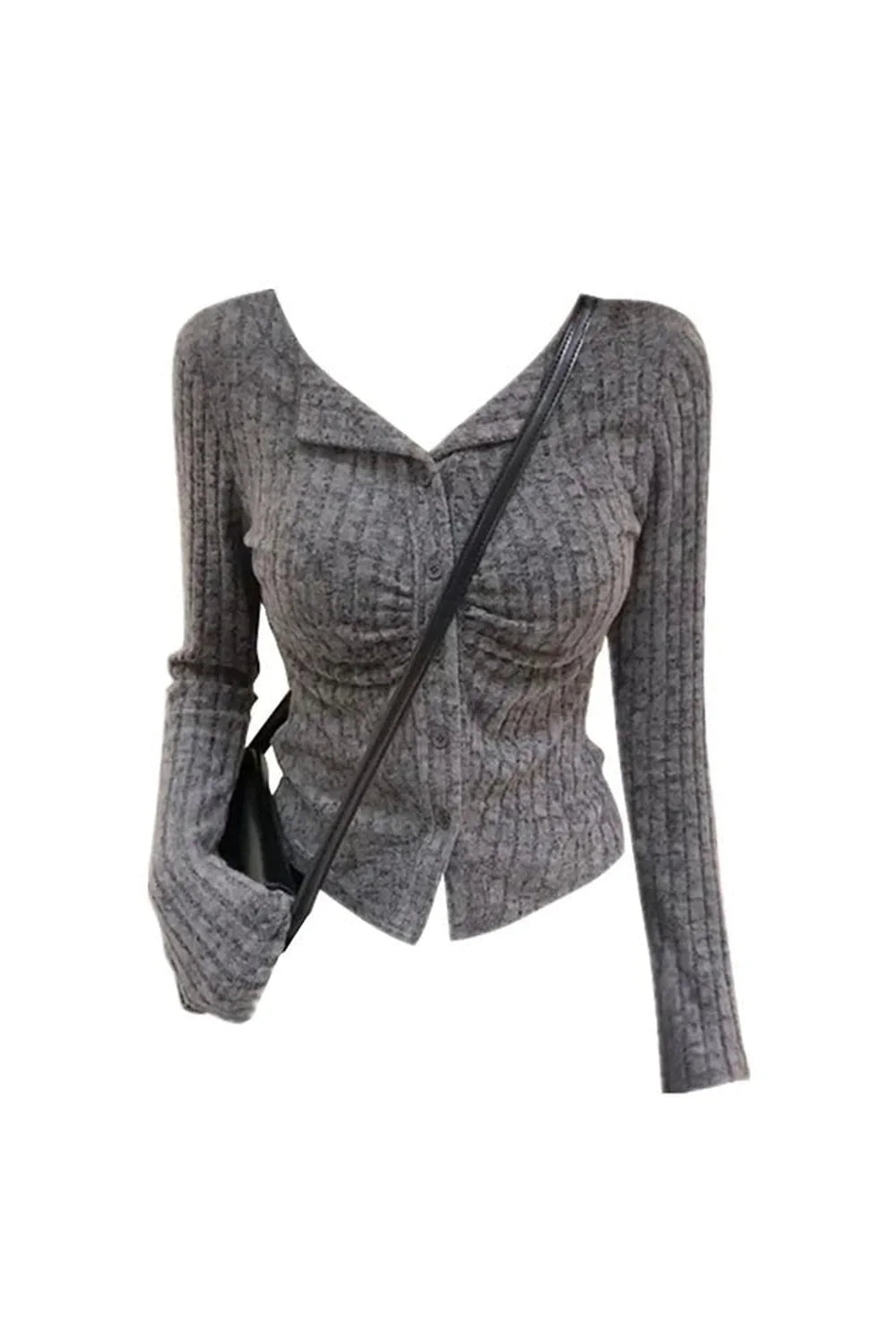 Cozy grey ruched cardigan with button-up style.