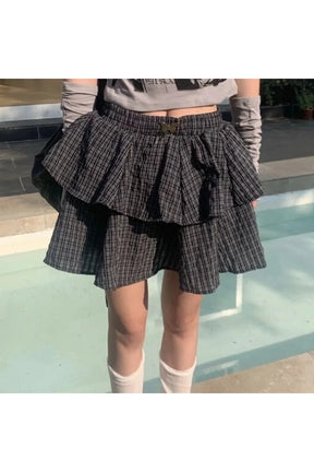 Black Ruffle Plaid Mini Skirt with flair.