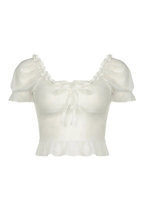 White Ruffle Square Collar Top with elegance.