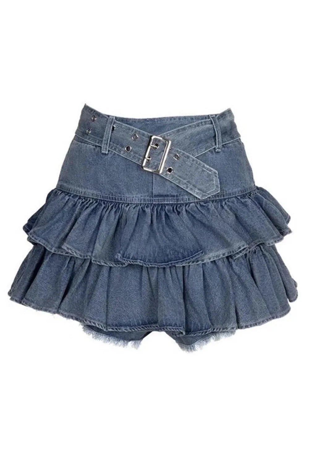 Charming ruffled blue denim mini skirt.