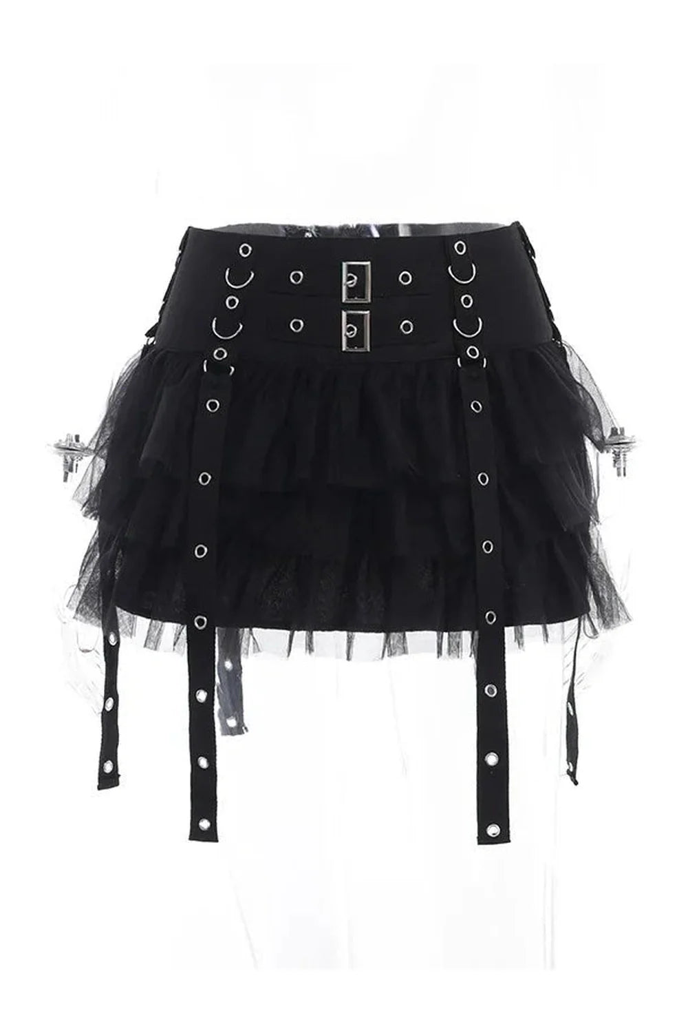 Black ruffled gothic mini skirt for edgy style.