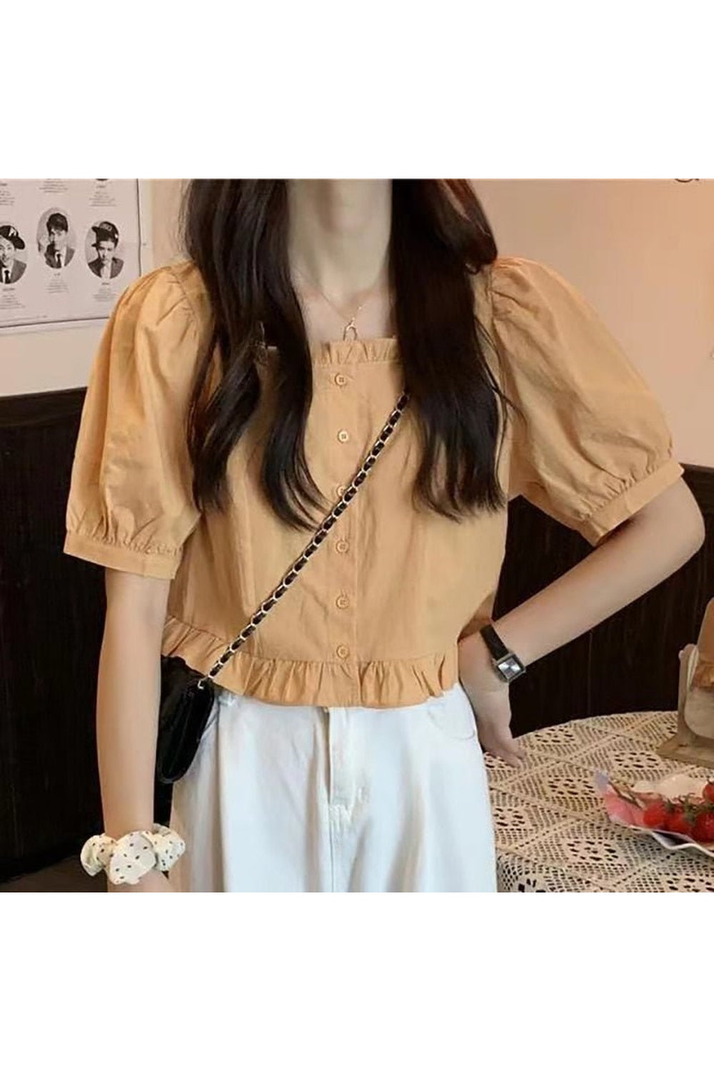 Yellow Ruffles Cute Button Up Blouse with charm.