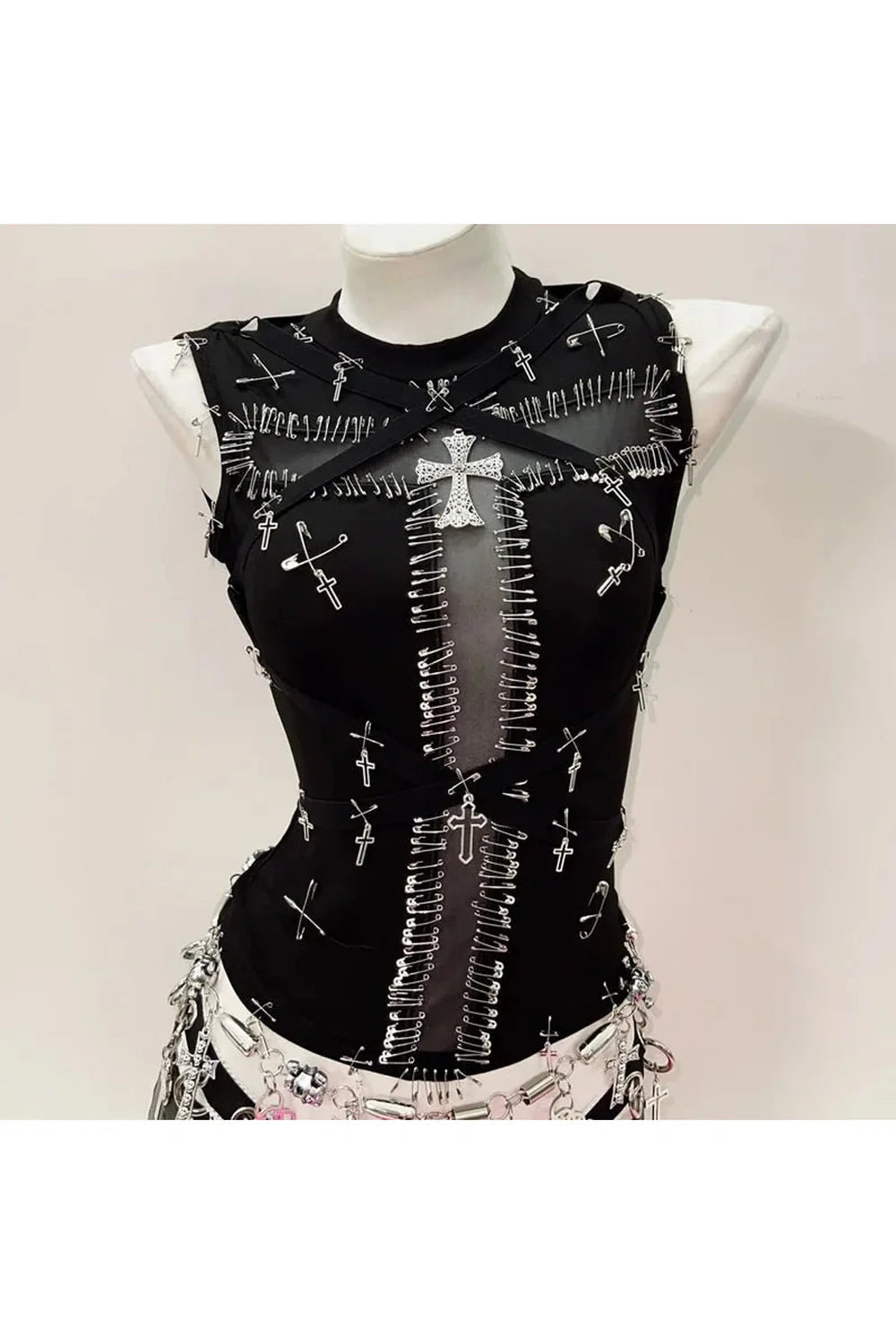 Black Safety Pin Cross Punk Top As Shown.