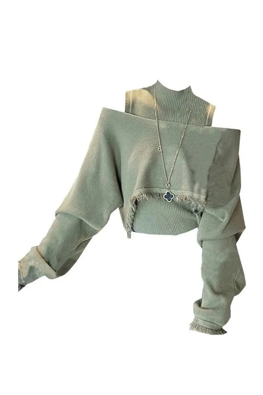 Off-shoulder sage green sweater layered in style.