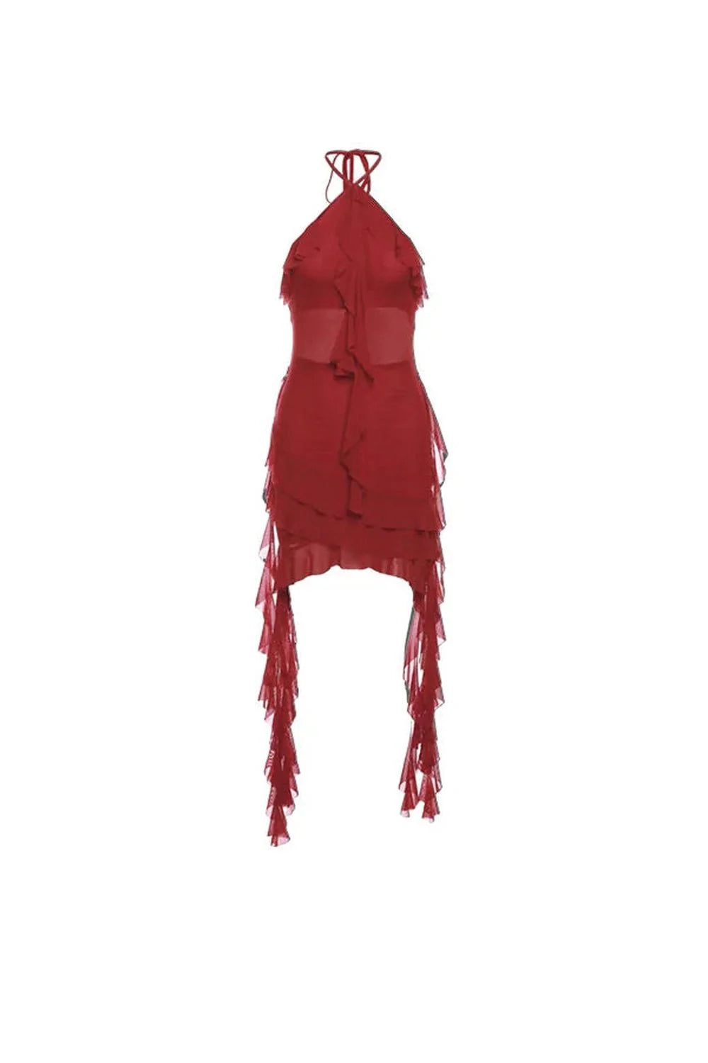 Elegant Scarlet Ruffle Halter Dress in Red.