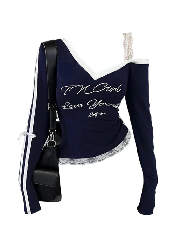 Sporty lace navy blue top exuding self-love.