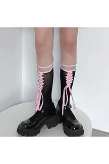 Black lace Lolita socks with elegant design.