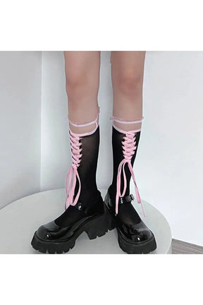 Black lace Lolita socks with elegant design.