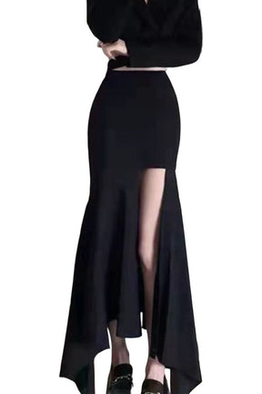 Black Sexy Spring Solid Irregular Skirt: Flattering design.