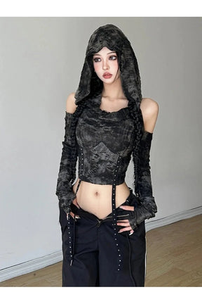 Stylish Fall Shadow Cloak Crop Hoodie, Black T Shirts.