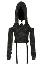 Stylish Fall Shadow Cloak Crop Hoodie, Black T Shirts.