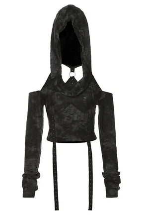 Stylish Fall Shadow Cloak Crop Hoodie, Black T Shirts.