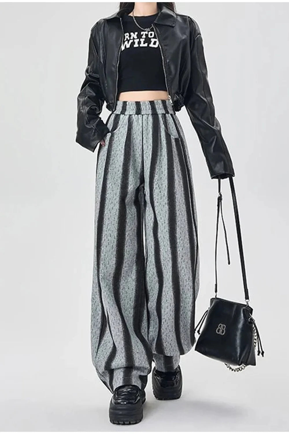 Elegant Grey Shadow Stripe Wide-Leg Pants.