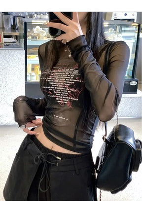 Sheer Black Text Graphic Mesh Top