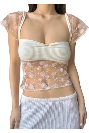 Pink Sheer Blossom Lace Crop Top exudes elegance.