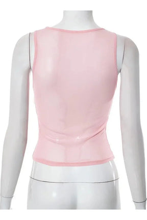 Sheer Pink Mesh Bow Crop Top exudes elegance.