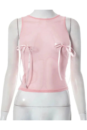 Sheer Pink Mesh Bow Crop Top exudes elegance.