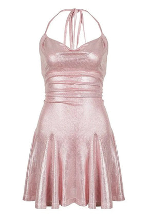 Shinny Collar A-Line Dress in Pink, elegant.