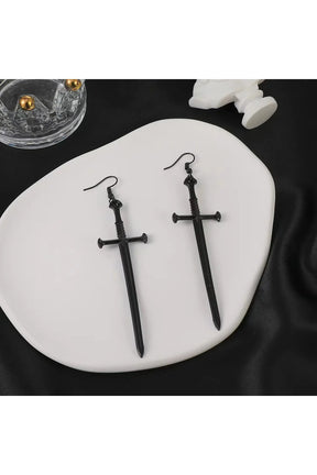 Elegant Black Silver Sword Drop Earring.