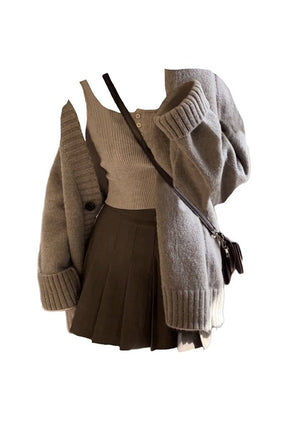 Single-Breasted Oversize Cardigan + Mini Pleated Skirt Set